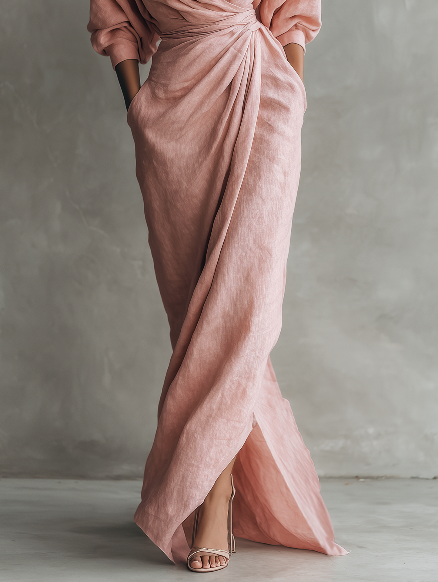 ALUCIA - PINK LINEN MAXI DRESS WITH V-NECK