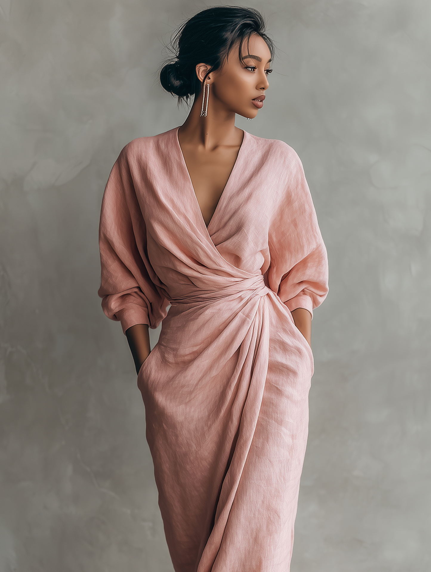 ALUCIA - PINK LINEN MAXI DRESS WITH V-NECK