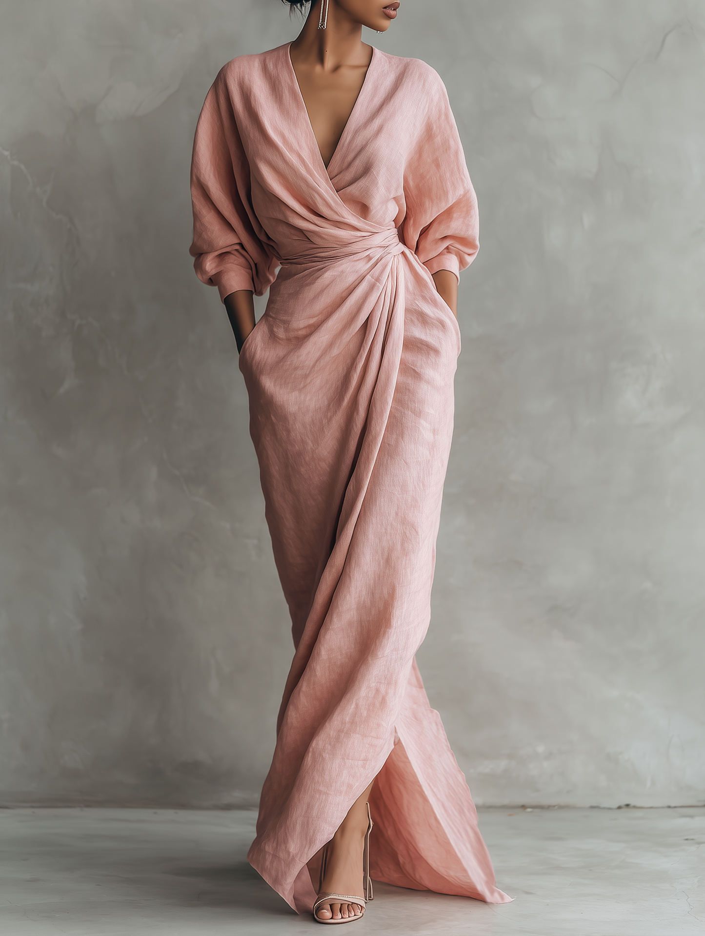ALUCIA - PINK LINEN MAXI DRESS WITH V-NECK