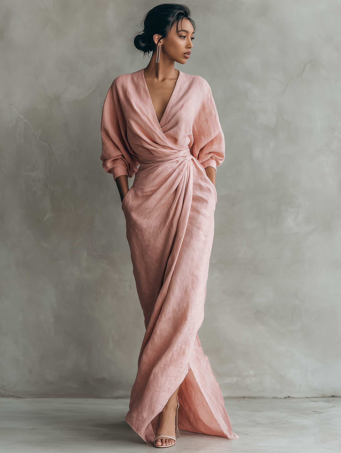 ALUCIA - PINK LINEN MAXI DRESS WITH V-NECK
