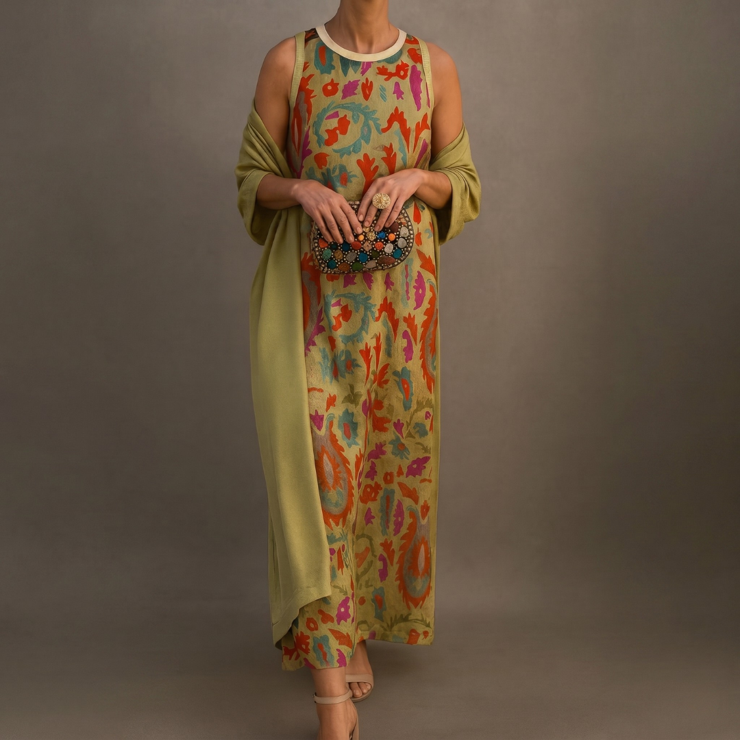 DANIELA - PRINTED LONG DRESS WITH MATCHING VEST