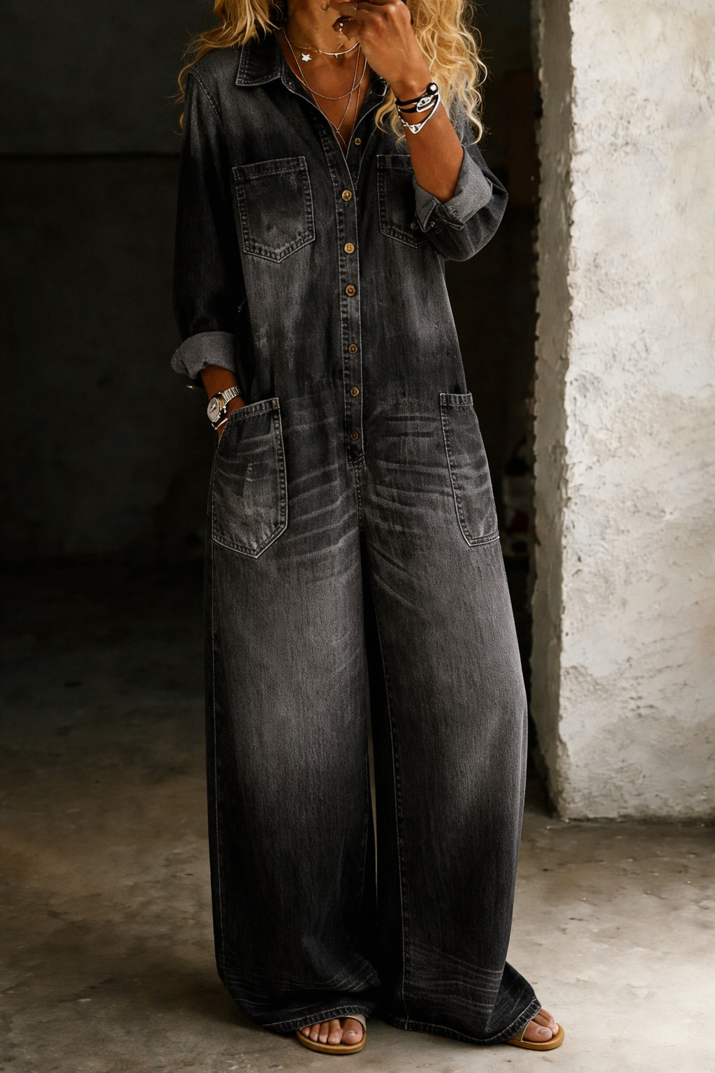 Yve - Legerer Denim-Jumpsuit