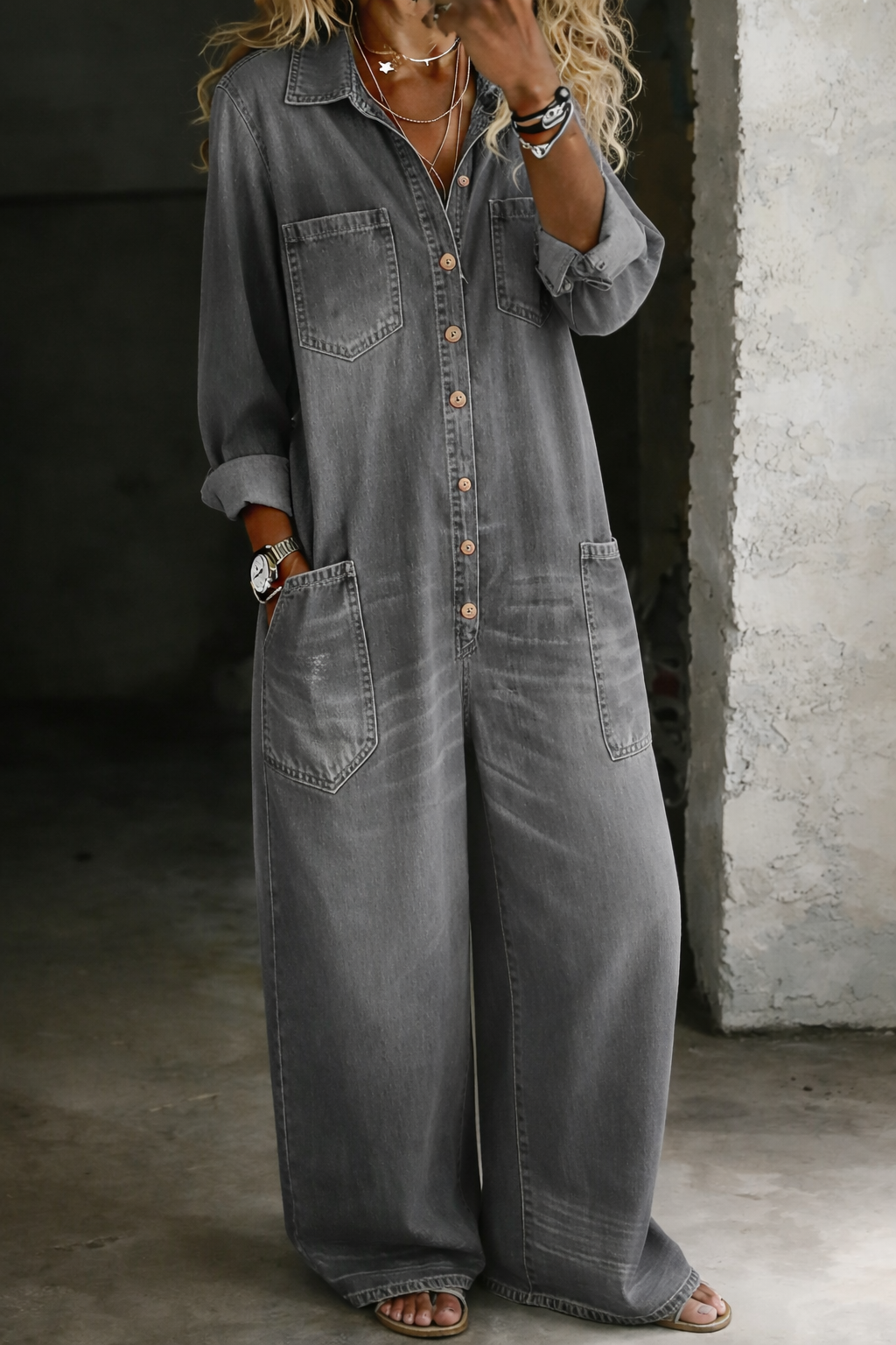 Yve - Legerer Denim-Jumpsuit