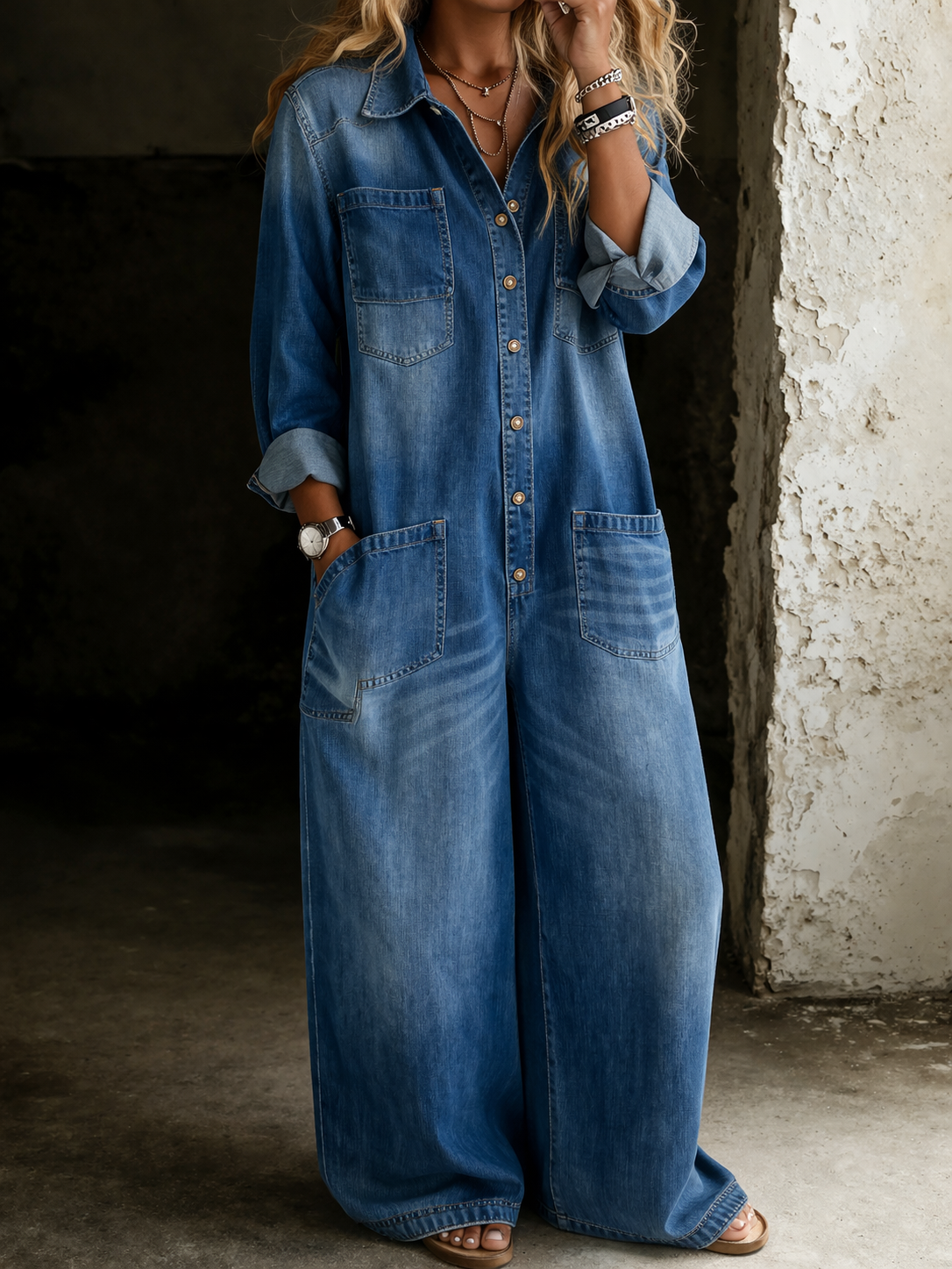 Yve - Legerer Denim-Jumpsuit
