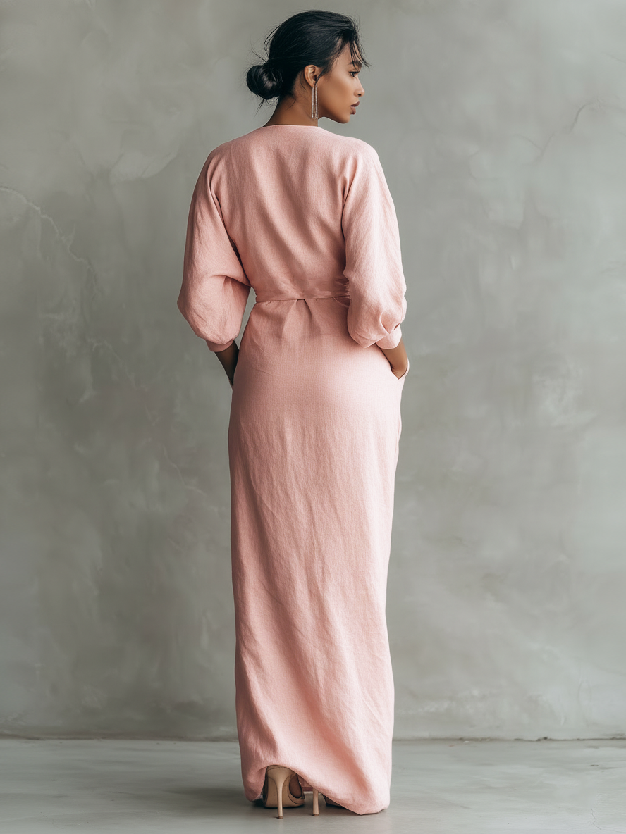 ALUCIA - PINK LINEN MAXI DRESS WITH V-NECK
