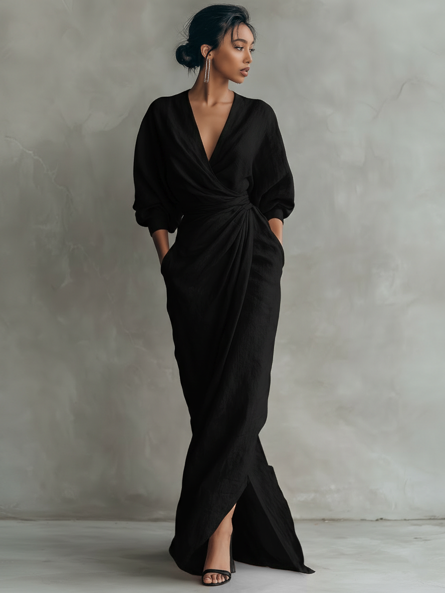 ALUCIA - PINK LINEN MAXI DRESS WITH V-NECK