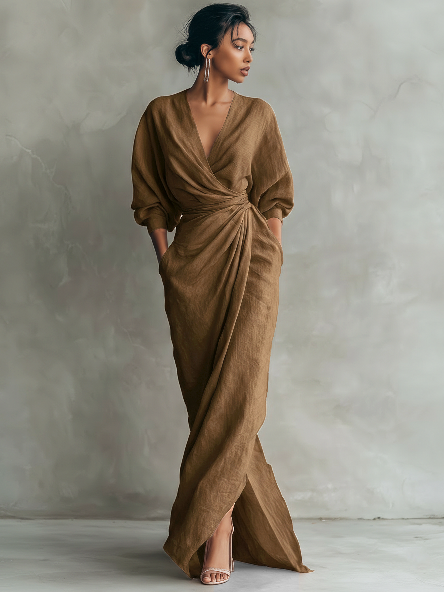 ALUCIA - PINK LINEN MAXI DRESS WITH V-NECK